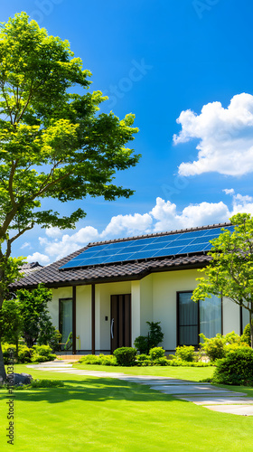 Modern house with solar panels, surrounded by lush greenery under a bright blue sky