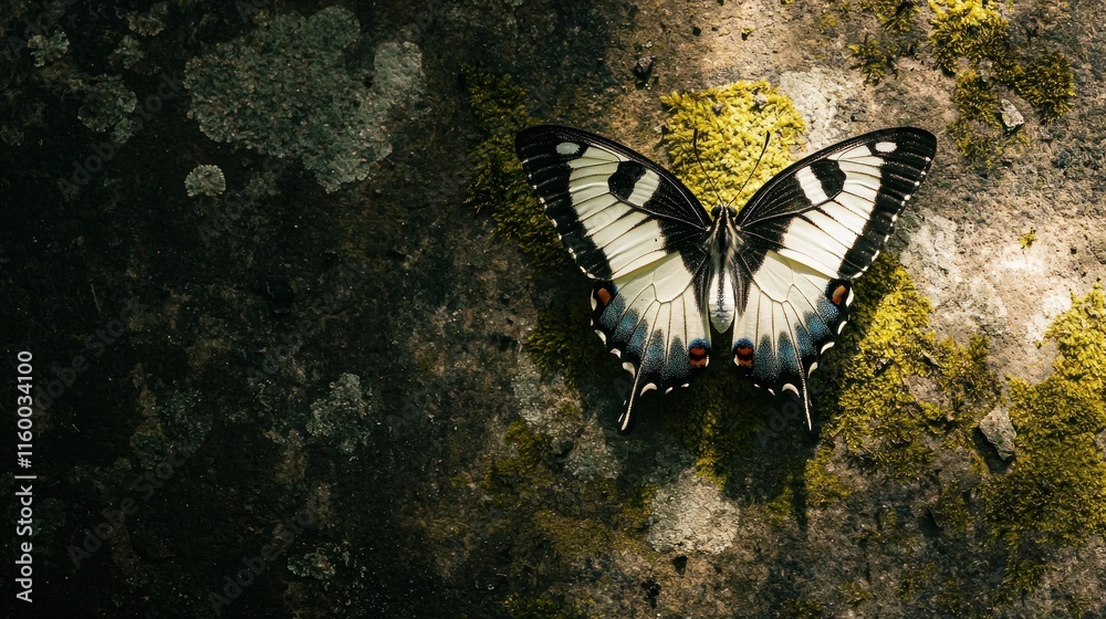 Butterfly on mossy stone, sunlight. Butterfly on mossy stone, sunlight.