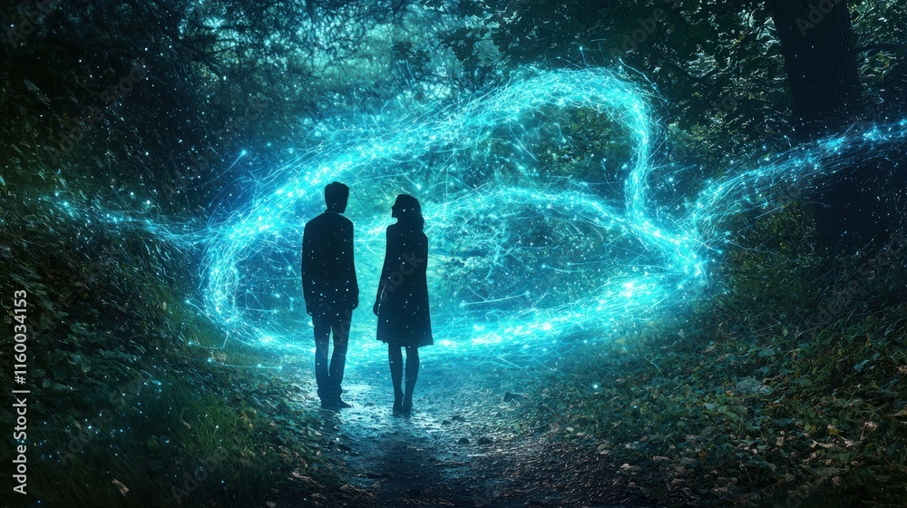 Fototapeta premium Couple silhouetted against glowing heart in forest.