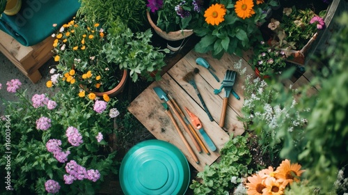 Fototapeta Naklejka Na Ścianę i Meble -  A serene gardening workshop with tools and blooming plants, Gardening equipment arranged in a lush garden setting, Horticultural bliss style