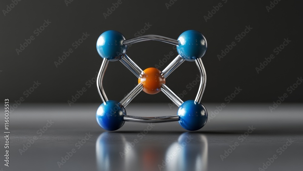 Obraz premium Abstract metallic molecule model with orange and blue spheres.