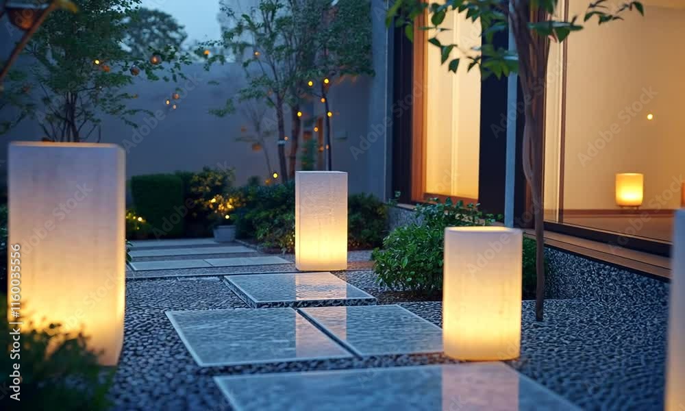 Tranquil outdoor garden pathway illuminated by soft glowing lanterns surrounded by lush greenery and modern architecture at dusk.