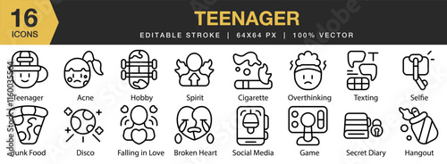 Teenager icon set. Editable Stroke Icon Collection. Includes teenager, young, lifestyle, casual, model, clothes, and More. Outline icons vector collection.