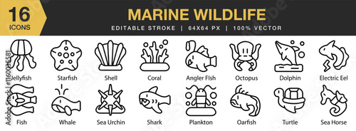 Marine Wildlife icon set. Editable Stroke Icon Collection. Includes wildlife, ocean, sea, marine, animal, fish, and More. Outline icons vector collection.