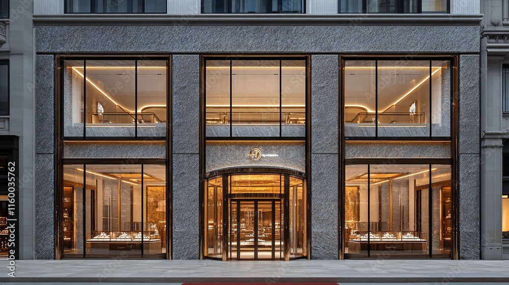 Modern storefront with large glass windows and elegant interior design.