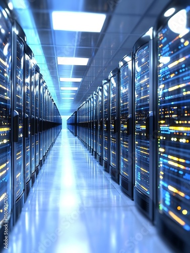 Modern Data Center Interior with Reflective Surfaces and Advanced Networking Equipment : Generative AI