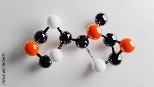 Abstract 3D model of a molecule with orange, black, and white spheres.