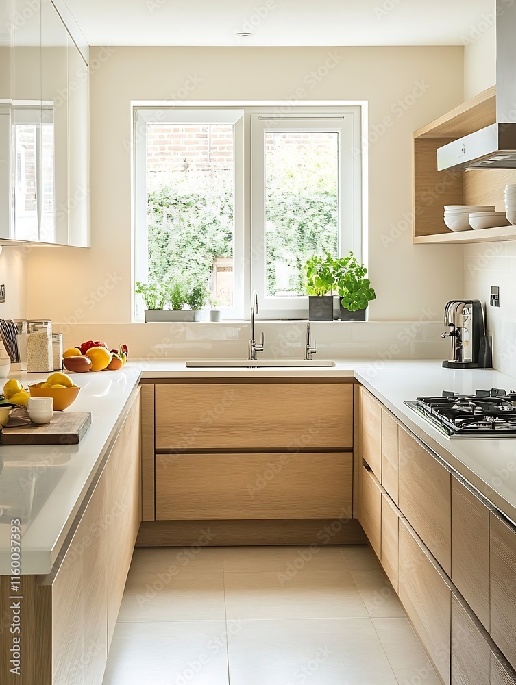 Spacious modern kitchen with natural light and stylish wooden finishes : Generative AI