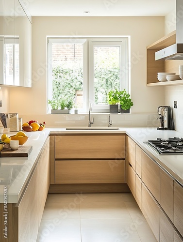 Obraz na płótnie Spacious modern kitchen with natural light and stylish wooden finishes : Generative AI w salonie