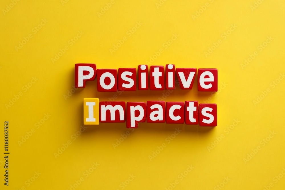 Obraz premium Positive Impacts Concept with Colorful Block Letters on Bright Yellow Background - Encouraging and Inspiring Expression for Modern Designs