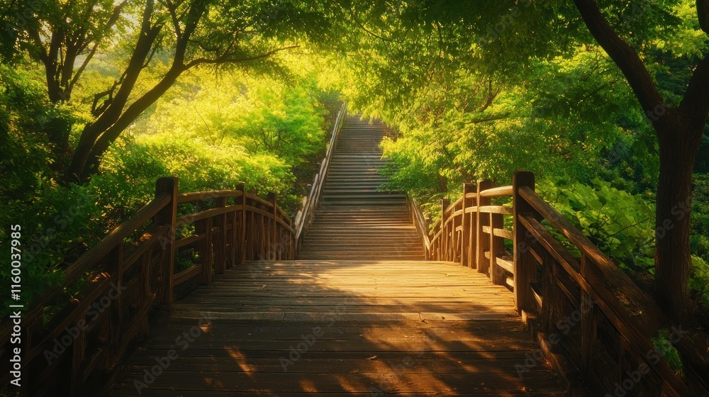 Obraz premium Wooden Bridge Leading to a Staircase Through a Green Forest