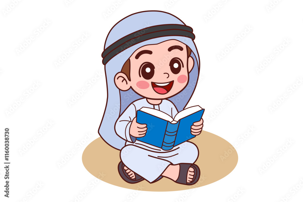 A young Arab man is sitting and reading a book.