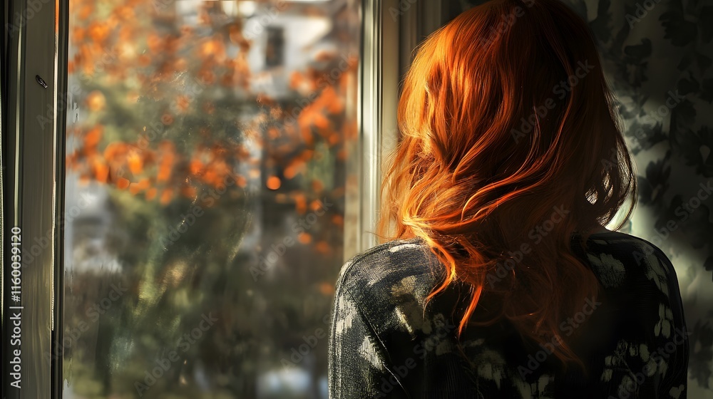 Woman with red hair looking out window, introspective scene Woman with red hair looking out window, introspective scene