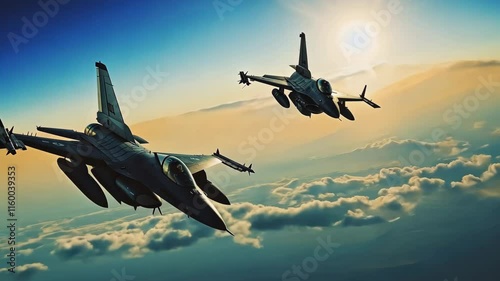 Dynamic Aerial Display of Two F-16 Fighter Jets Gliding Through a Cloudy Sky at Sunset