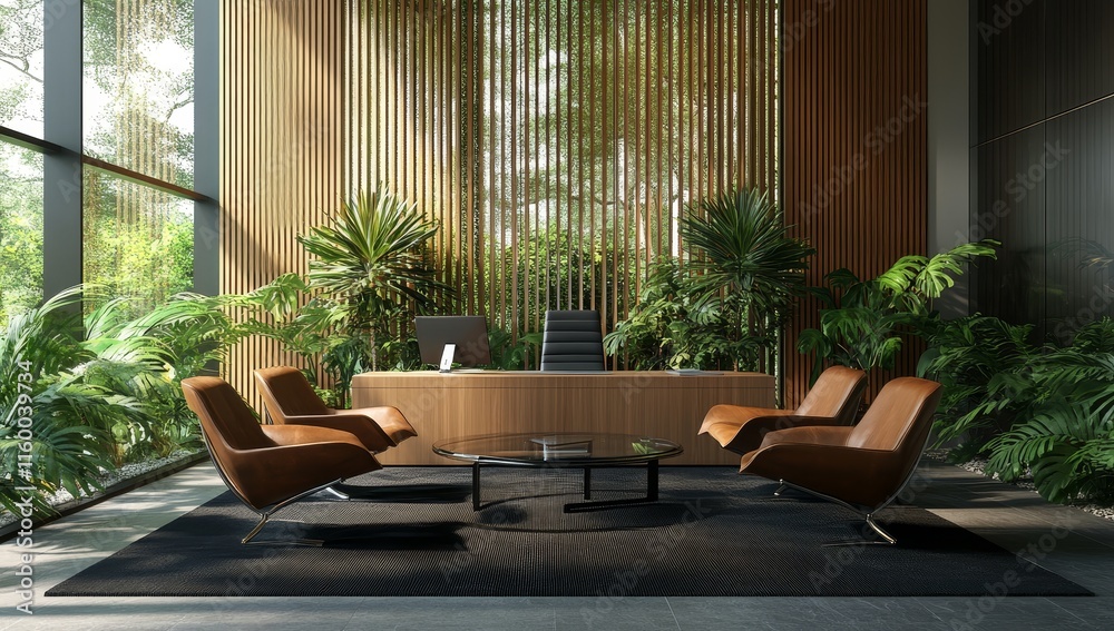 Modern office interior with lush plants, wooden wall, and leather chairs. Modern office interior with lush plants, wooden wall, and leather chairs.