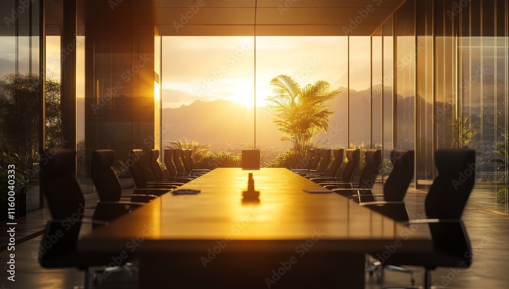 Fototapeta premium Sunlit conference room with mountain view.