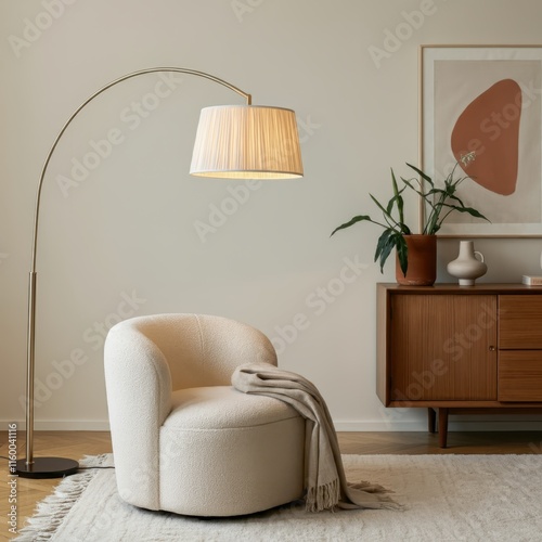 Mid-century modern interior, warm tones, wooden floor, beige armchair, arc floor lamp, abstract wall art, minimalist decor, ceramic vases, sideboard cabinet, cozy atmosphere, soft lighting, earth colo