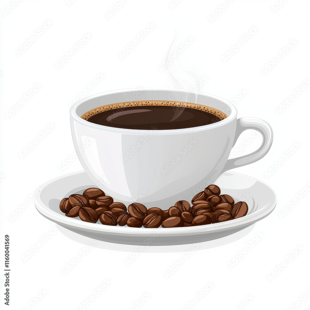 Steaming espresso cup with coffee beans on saucer isolated design on white background Steaming espresso cup with coffee beans on saucer isolated design on white background