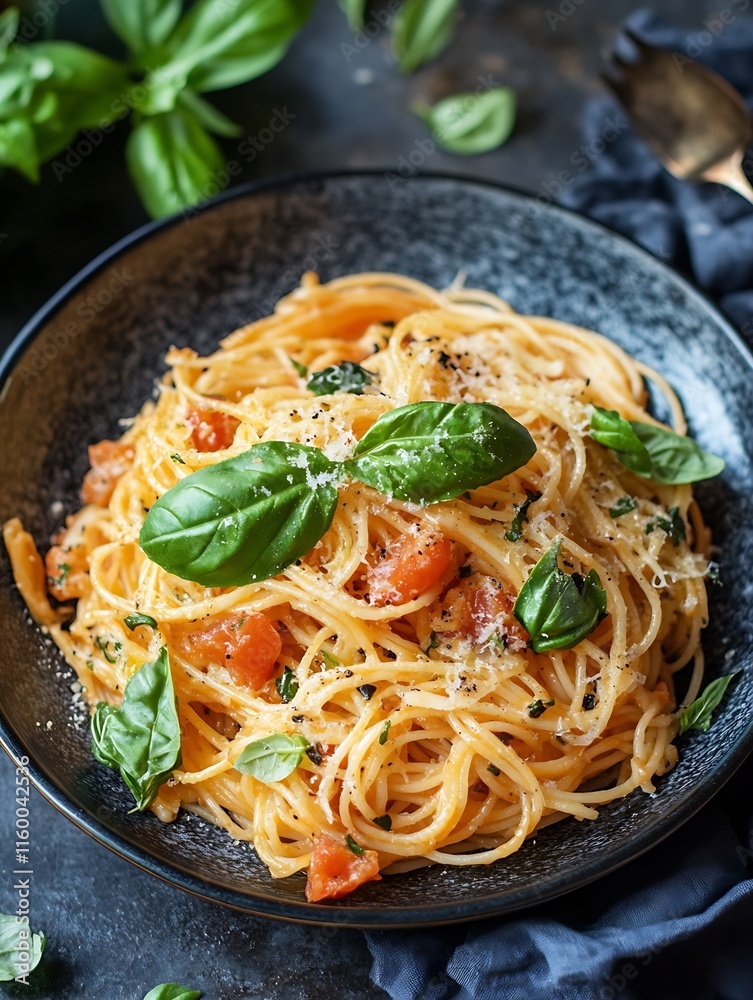 Italian Spaghetti with Fresh Basil and Parmesan Cheese for Perfect Dining Experience : Generative AI Italian Spaghetti with Fresh Basil and Parmesan Cheese for Perfect Dining Experience : Generative AI