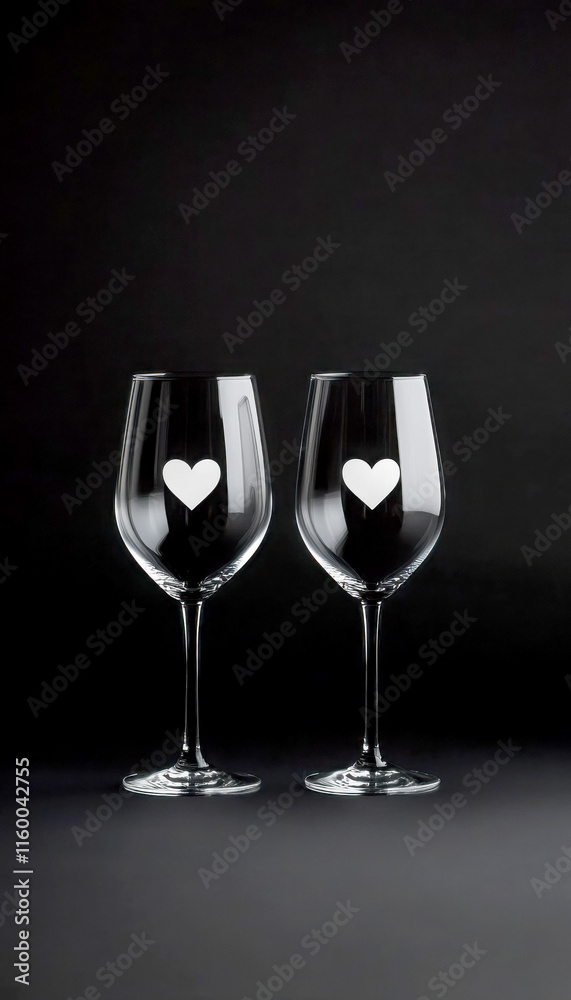 Elegant wine glasses with heart shapes on a dark background. Elegant wine glasses with heart shapes on a dark background.