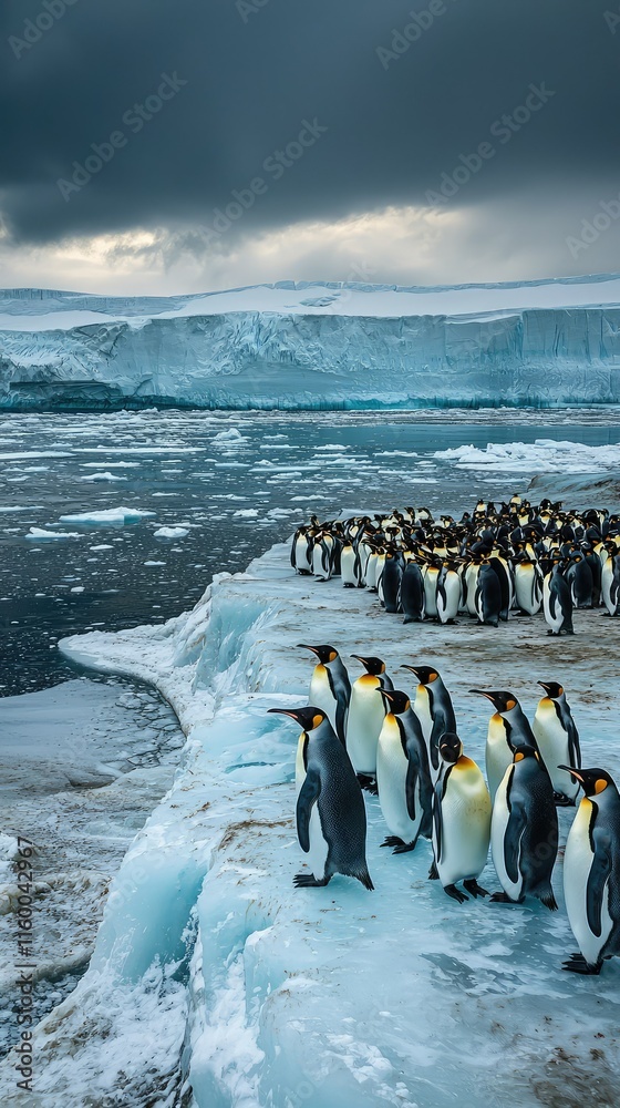 Obraz premium King Penguins Stand on Ice in Arctic Landscape Under Dramatic Skies