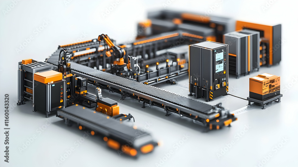 A modern automated manufacturing system with robotic arms and conveyor belts. A modern automated manufacturing system with robotic arms and conveyor belts.