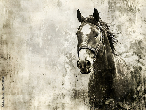 Artistic Black and White Portrait of Majestic Horse with Textured Background : Generative AI photo