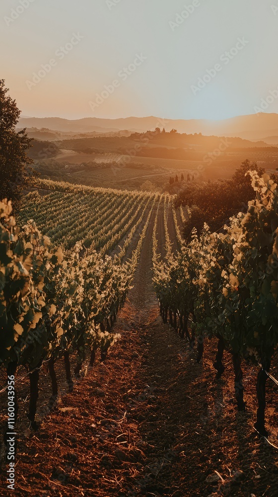 Fototapeta premium Sunset over Vineyards with Rows of Grapevines and Hills