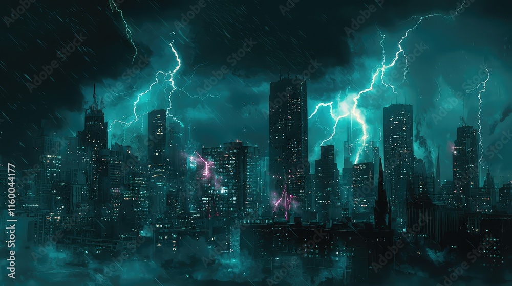 Obraz premium Dramatic Storm Over City Skyline with Lightning and Rain Effects