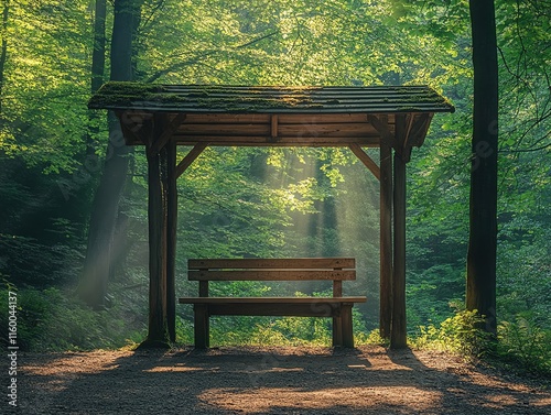A bus stop with an empty advertising billboard in an urban setting with fallen leaves on the ground and a bus passing by in the background. Generative AI