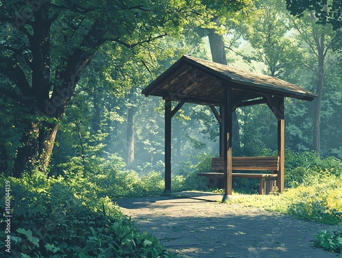 A bus stop with an empty advertising billboard in an urban setting with fallen leaves on the ground and a bus passing by in the background. Generative AI