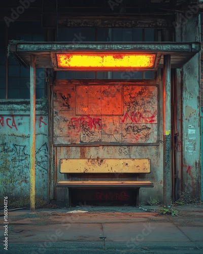 A bus stop with an empty advertising billboard in an urban setting with fallen leaves on the ground and a bus passing by in the background. Generative AI