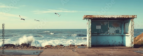 A bus stop with an empty advertising billboard in an urban setting with fallen leaves on the ground and a bus passing by in the background. Generative AI