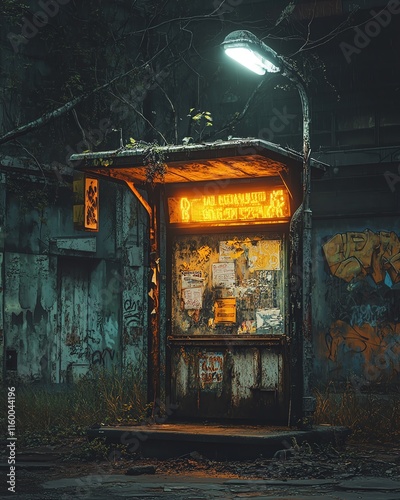 A bus stop with an empty advertising billboard in an urban setting with fallen leaves on the ground and a bus passing by in the background. Generative AI