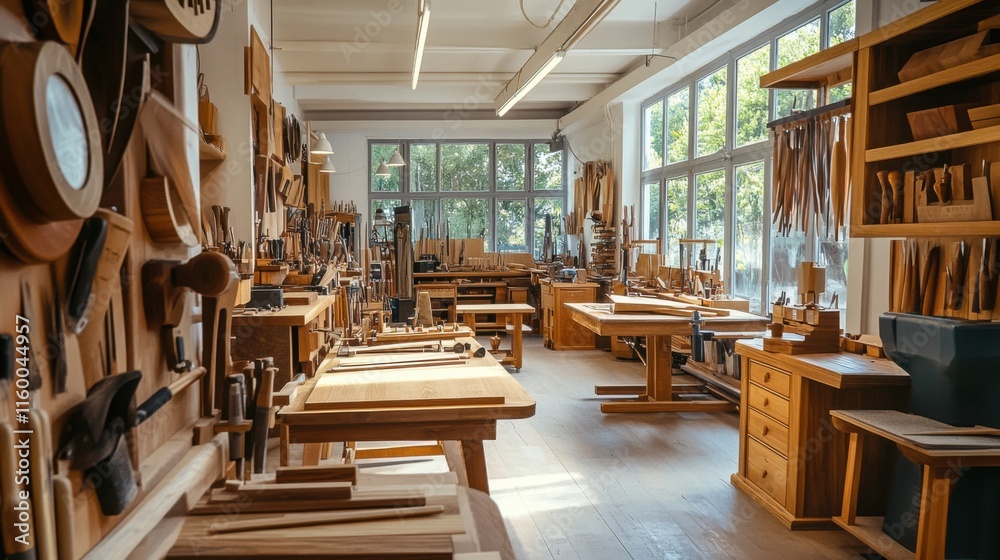 A serene woodworking studio with rows of handcrafted furniture, Woodworking tools displayed with artisan precision, Craftsmanship showcase style