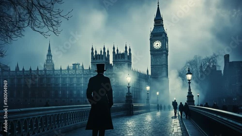 Mysterious Nighttime View of London with Big Ben and Foggy Atmosphere in the Background, Evoking Historical Charm