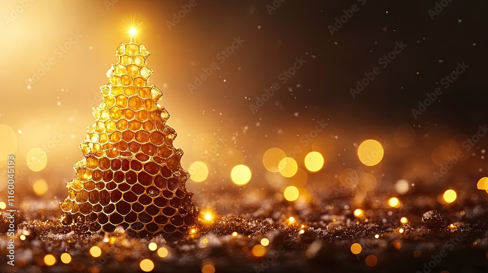 A Christmas tree made of honeycomb with golden lights shining brightly. A Christmas tree made of honeycomb with golden lights shining brightly.