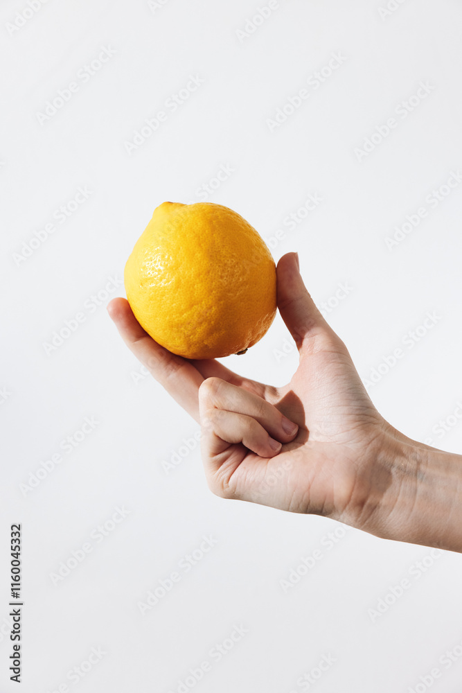 Person holding up a lemon on a white background, with copy space for text or image Person holding up a lemon on a white background, with copy space for text or image
