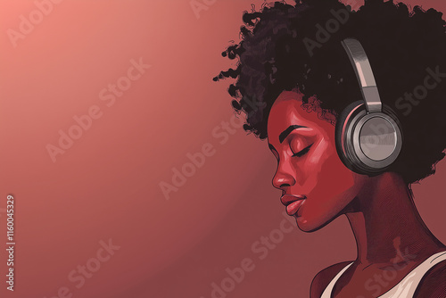 Beautiful African American woman listening on headphones. Social media player application. Generative ail