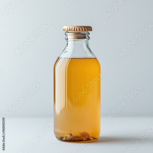 Clear glass bottle of kombucha with wooden cap on white background isolated design on white background photo