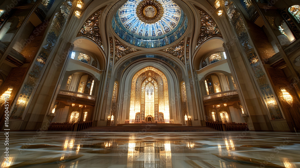 Obraz premium Majestic Stained Glass Dome in Grand Cathedral Interior with Ornate Lighting : Generative AI
