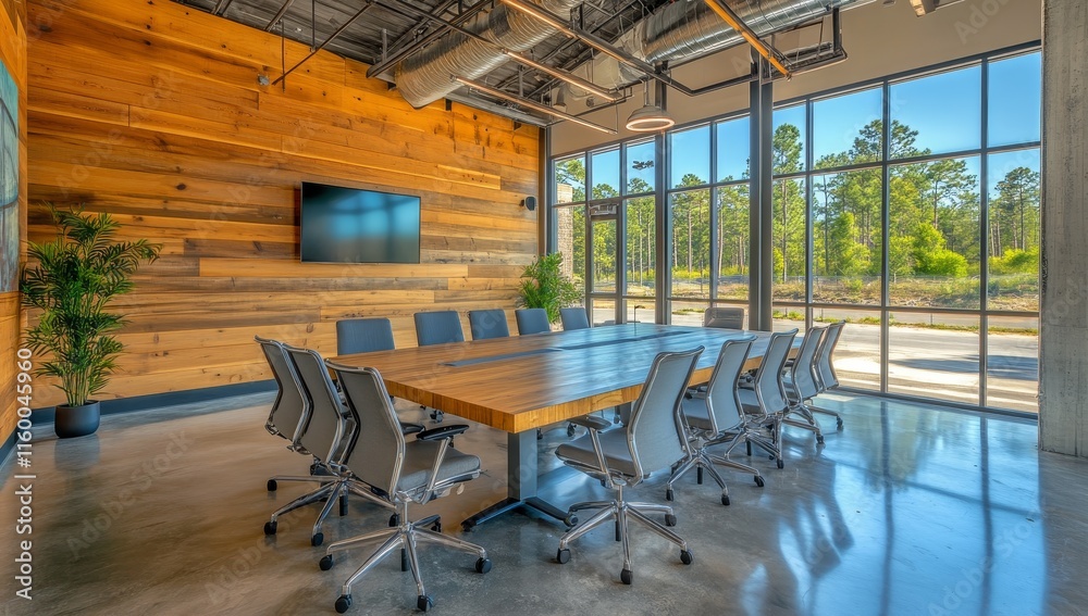 Naklejka premium Modern conference room with wood wall, large windows, and sleek furniture.