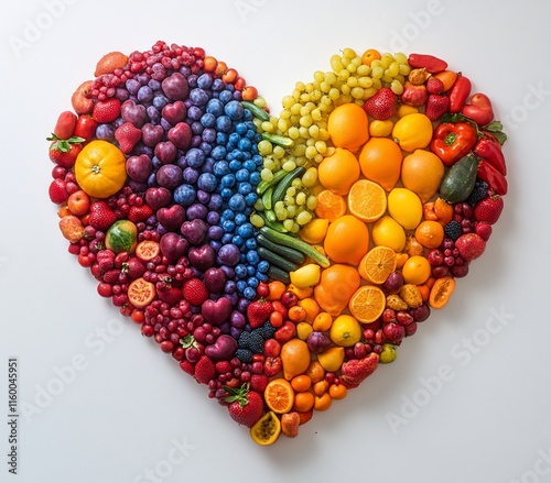 Colorful fruits and vegetables arranged in a heart shape on white background.
