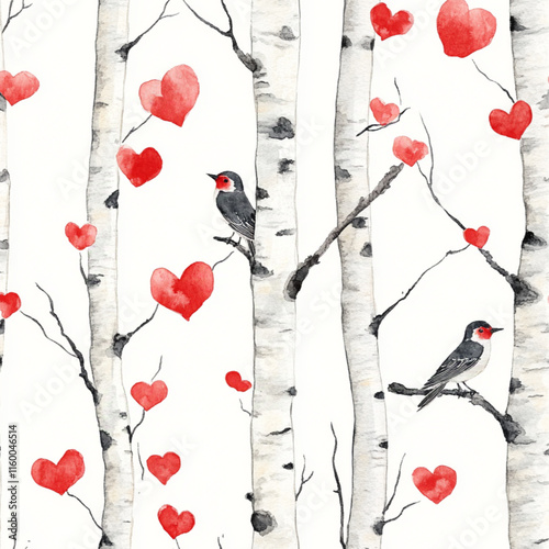 watercolor woodland birch trees pattern, valentine's day theme, red, brown and pink colors photo