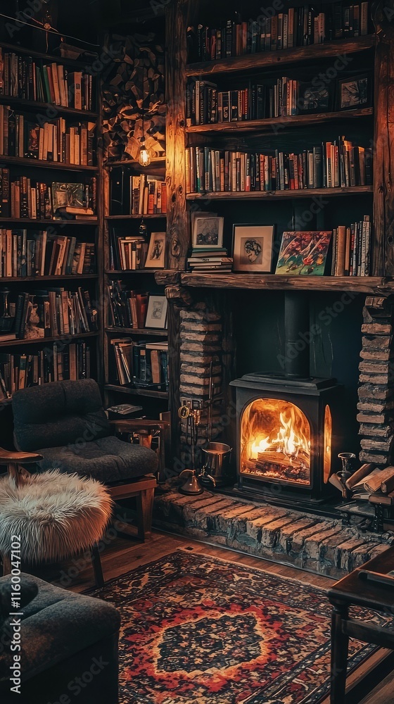 Cozy Reading Nook with Bookshelf and Warm Fireplace Ambiance Cozy Reading Nook with Bookshelf and Warm Fireplace Ambiance