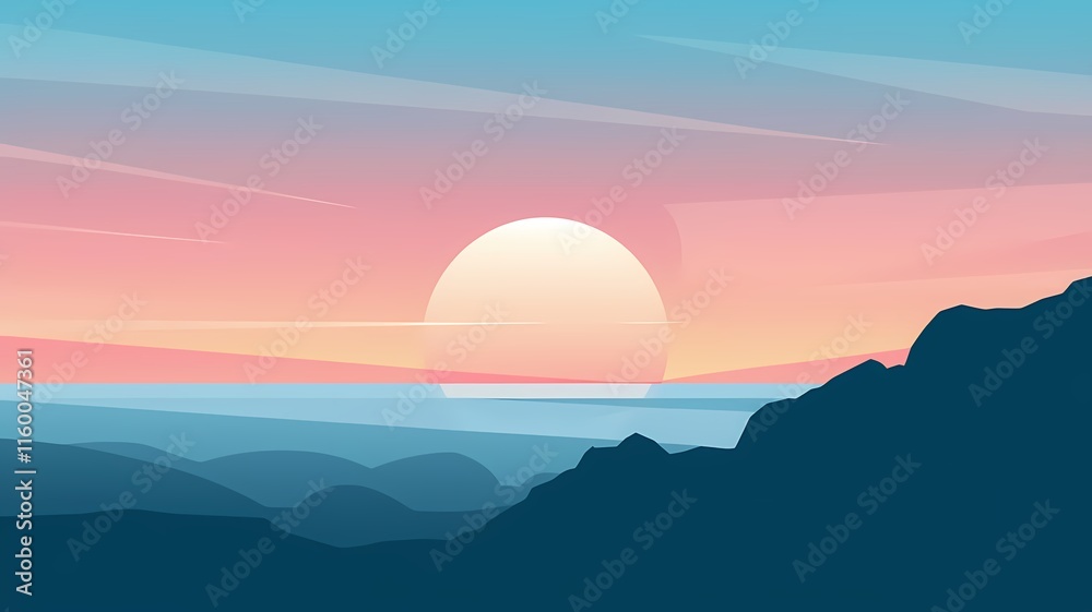Flat style illustration of an abstract sunset in monochrome pastels with soft gradients of pink, orange, and blue, silhouetted mountain range, and a serene body of water. Flat style illustration of an abstract sunset in monochrome pastels with soft gradients of pink, orange, and blue, silhouetted mountain range, and a serene body of water.