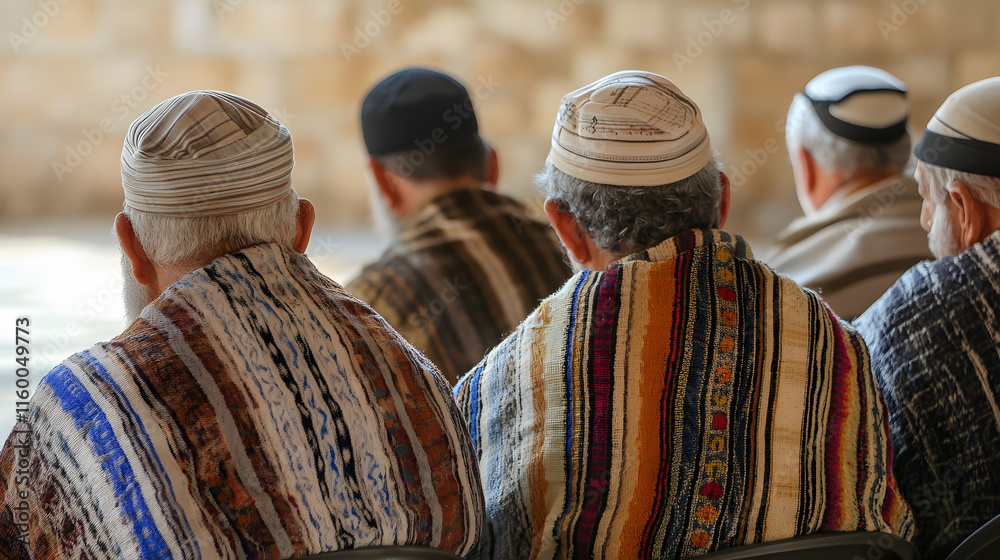 Men wearing traditional woven shawls seated in contemplative pose : Generative AI Men wearing traditional woven shawls seated in contemplative pose : Generative AI