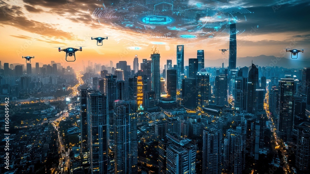 Fototapeta premium Drones flying over futuristic city at sunset.