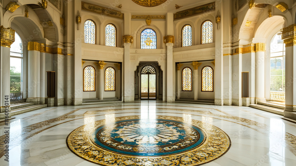 Obraz premium Grand marble hall with intricate mosaics and ornate gold details reflecting opulence and history : Generative AI