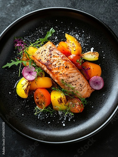 Gourmet Baked Salmon with Grilled Heirloom Tomatoes on Elegant Black Plate : Generative AI